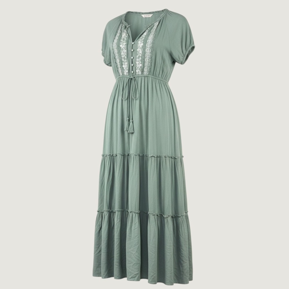 In Loom Embroidered Tiered Maxi Dress Women L Sage Green Boho Cottage